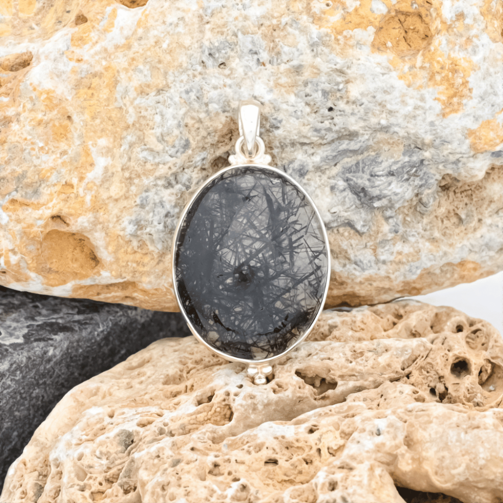 Natural Black Rutilated Quartz Sterling Silver Pendant Jewellery