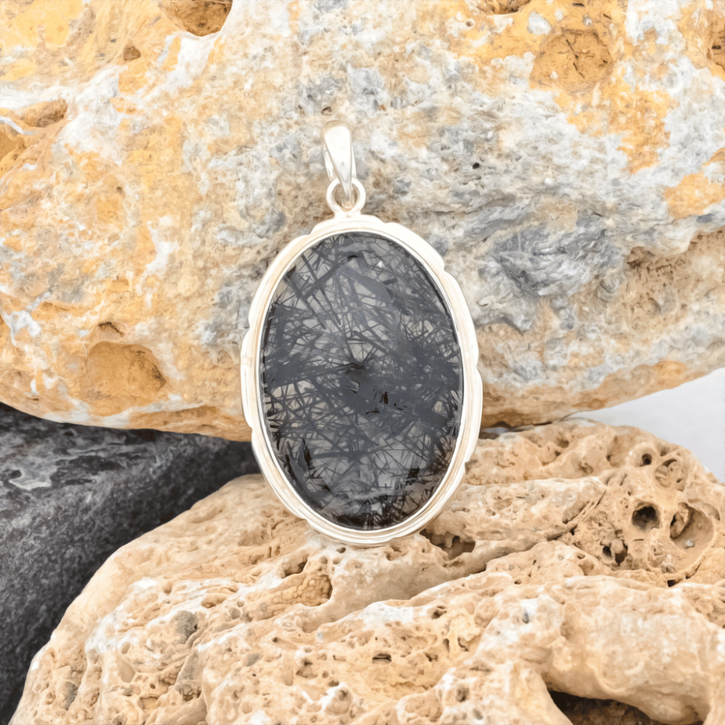 Natural Black Rutilated Quartz Sterling Silver Pendant Jewellery