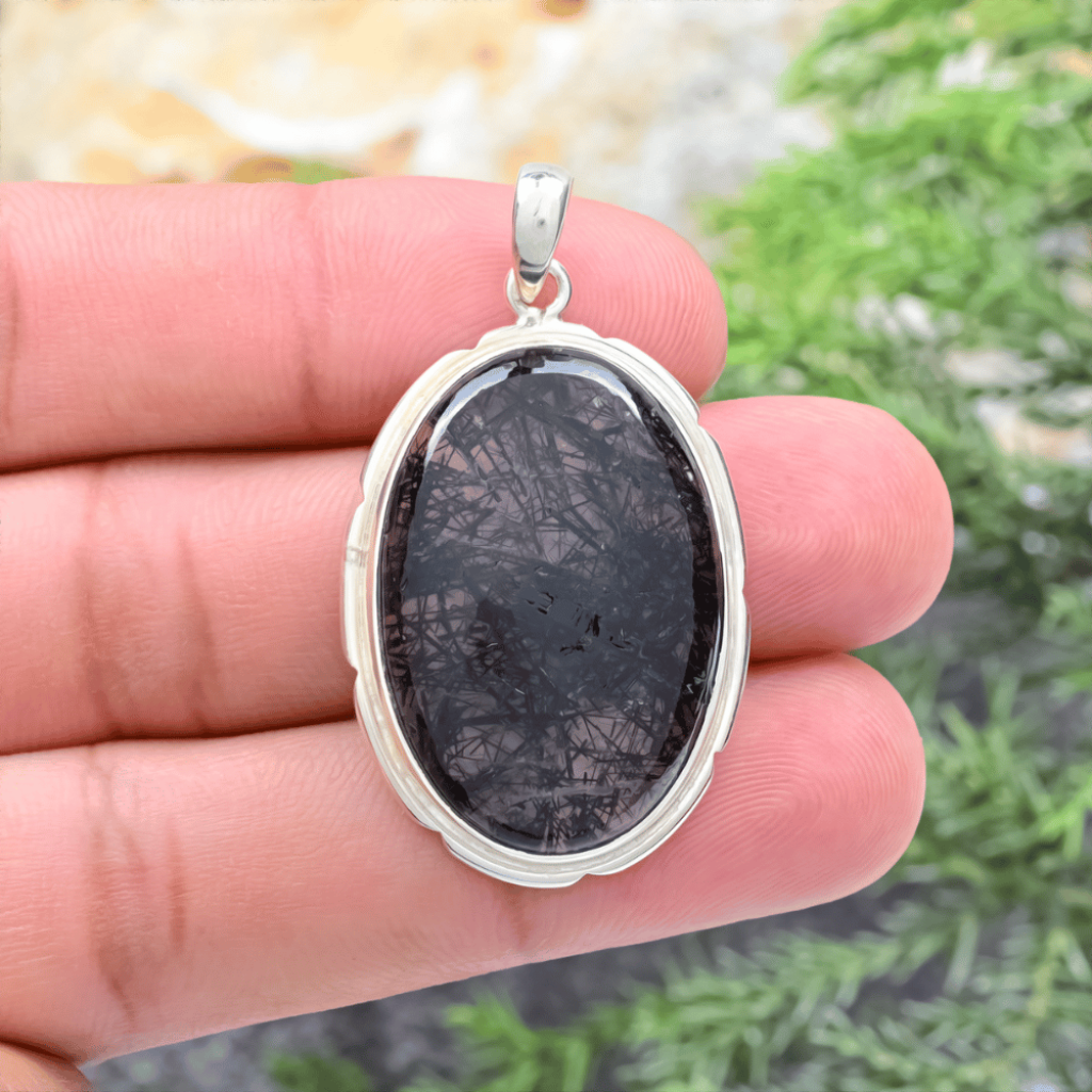 Natural Black Rutilated Quartz Sterling Silver Pendant Jewellery