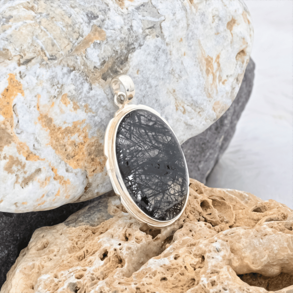 Natural Black Rutilated Quartz Sterling Silver Pendant Jewellery