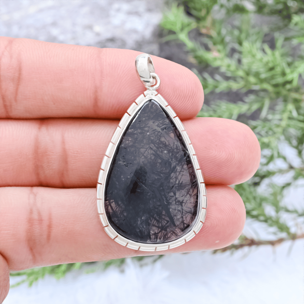 Natural Black Rutilated Quartz Teardrop Sterling Silver Pendant Jewelry