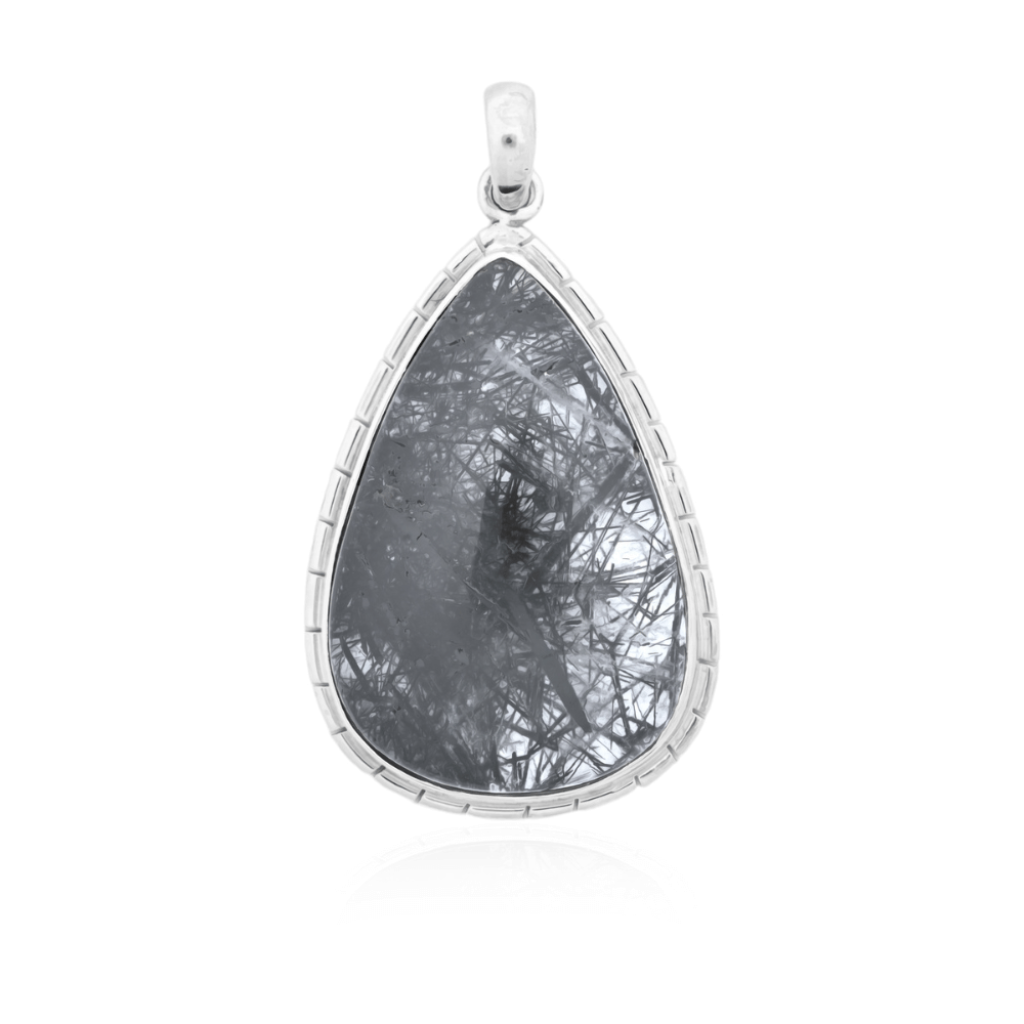 Natural Black Rutilated Quartz Teardrop Sterling Silver Pendant Jewelry