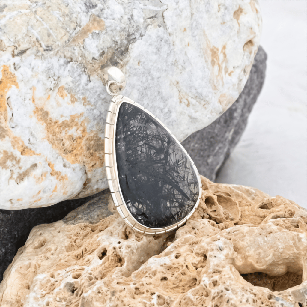 Natural Black Rutilated Quartz Teardrop Sterling Silver Pendant Jewelry