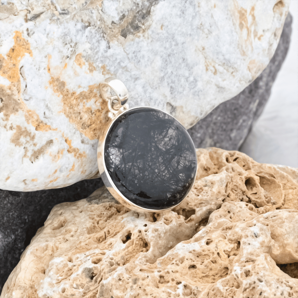 Natural Black Rutilated Quartz Round Sterling Silver Pendant Jewelry