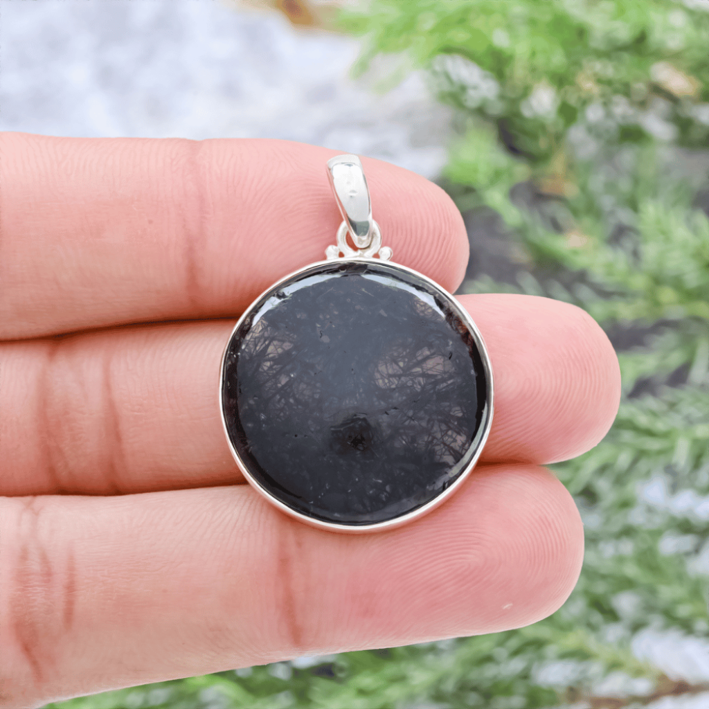 Natural Black Rutilated Quartz Round Sterling Silver Pendant Jewelry