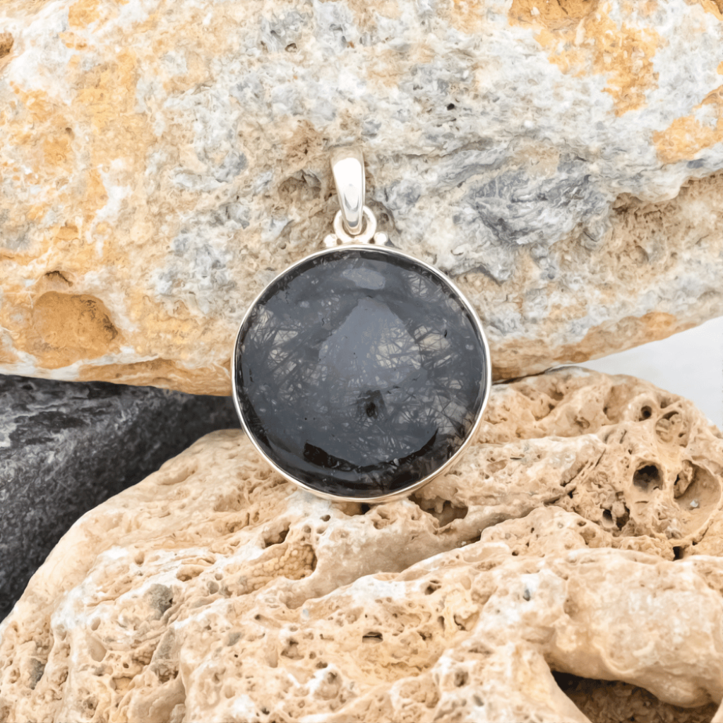 Natural Black Rutilated Quartz Round Sterling Silver Pendant Jewelry