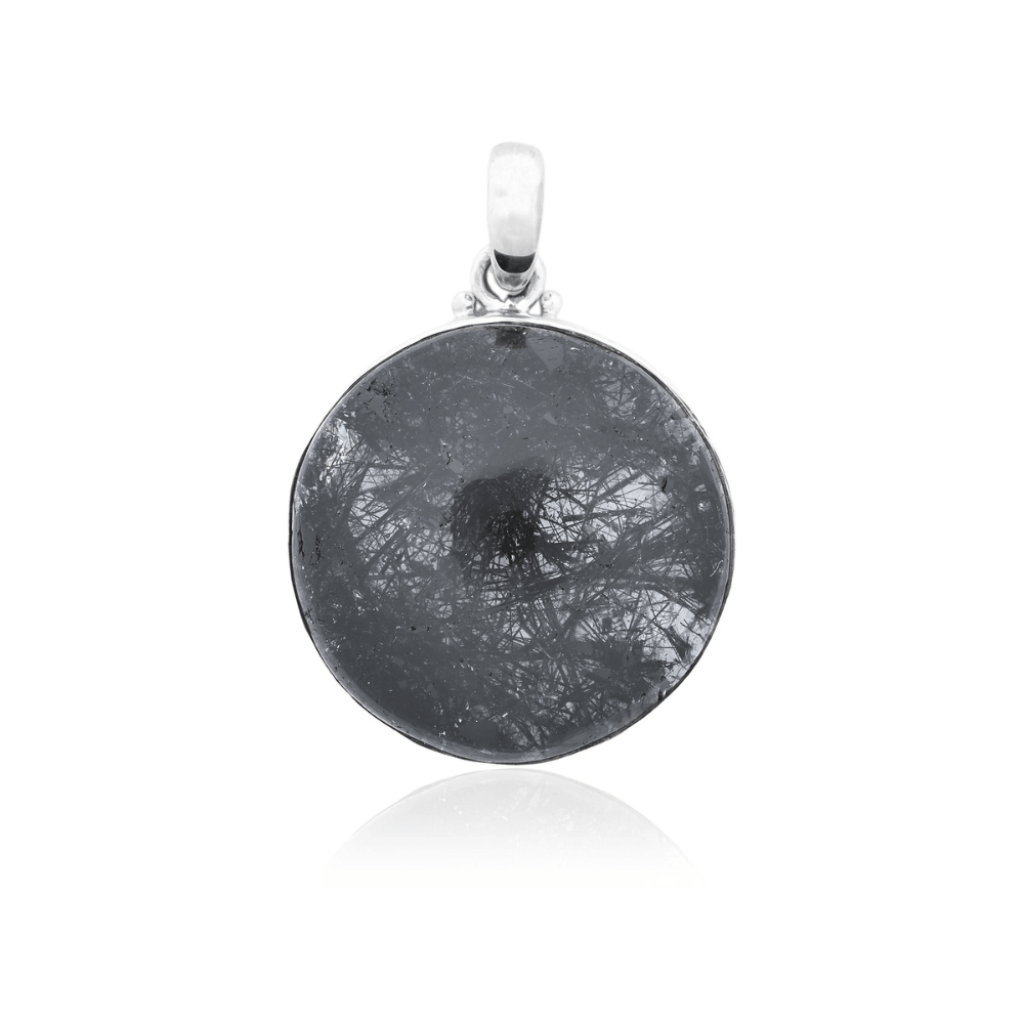 Natural Black Rutilated Quartz Round Sterling Silver Pendant Jewelry
