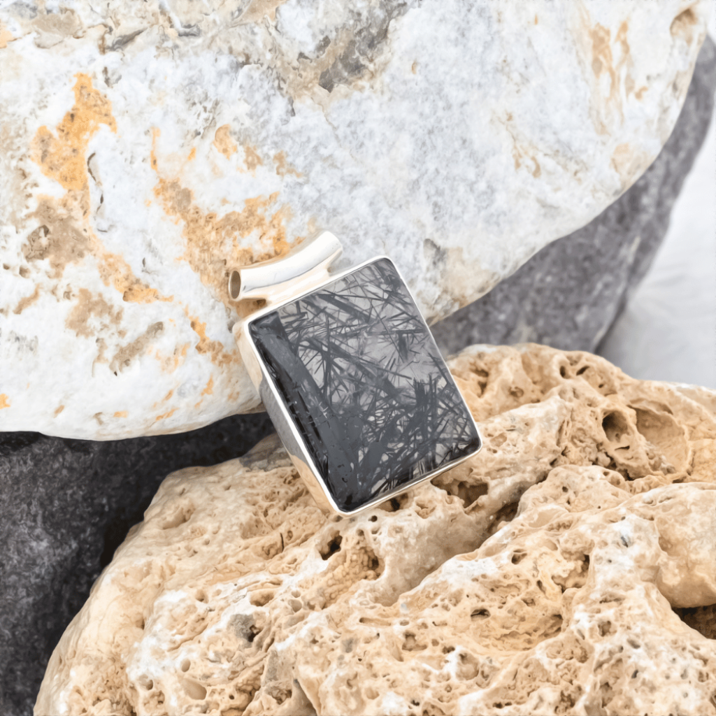 Natural Black Rutilated Quartz Square Sterling Silver Pendant Jewelry
