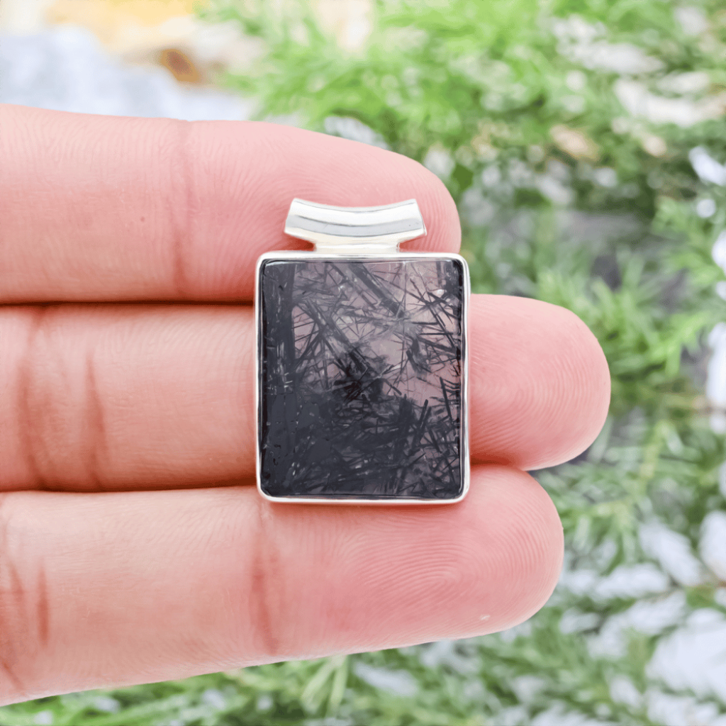 Natural Black Rutilated Quartz Square Sterling Silver Pendant Jewelry