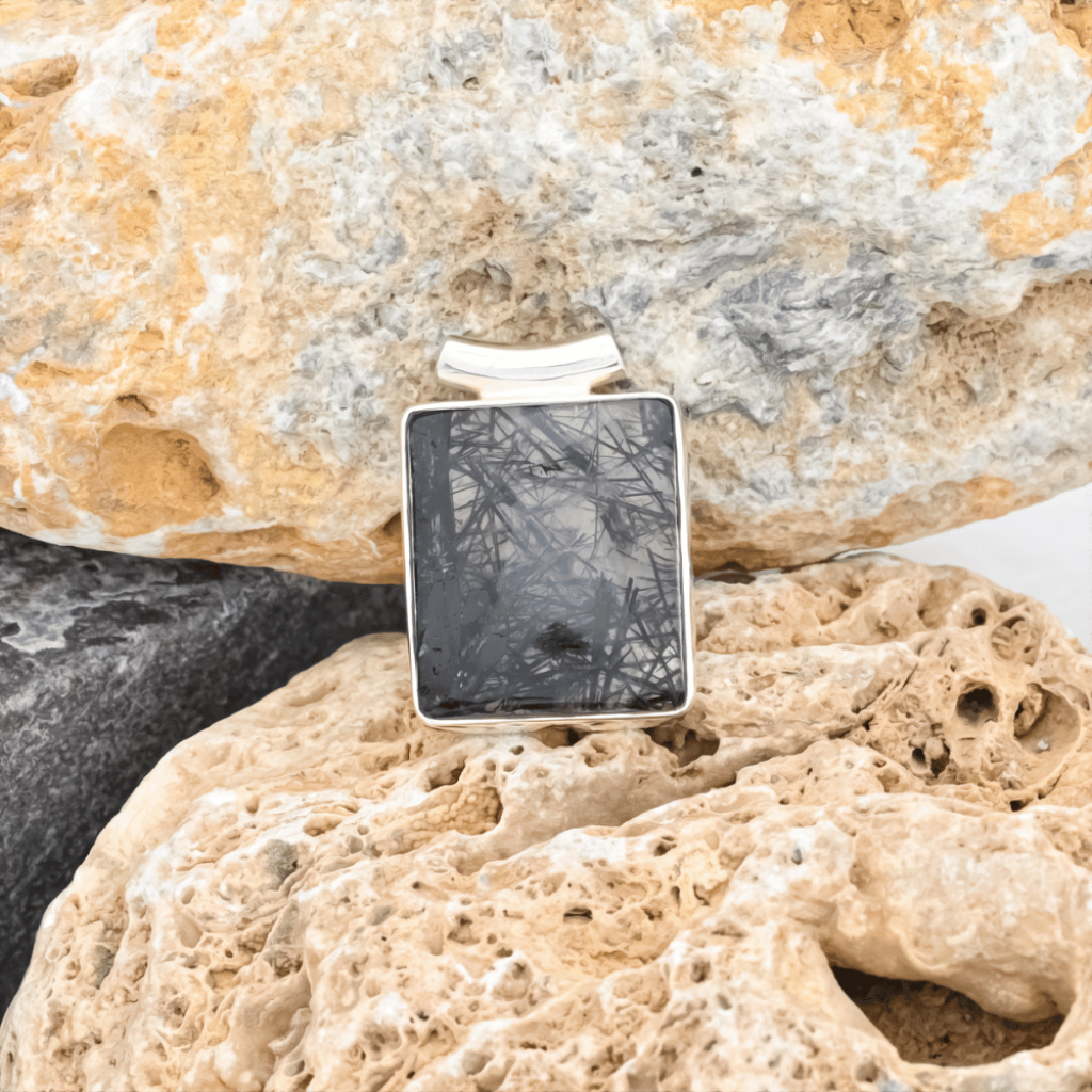 Natural Black Rutilated Quartz Square Sterling Silver Pendant Jewelry