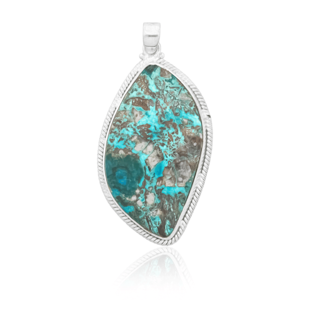 Natural Chrysocolla Crystal Fancy Shaped Gemstone Sterling Silver Pendant Jewelry