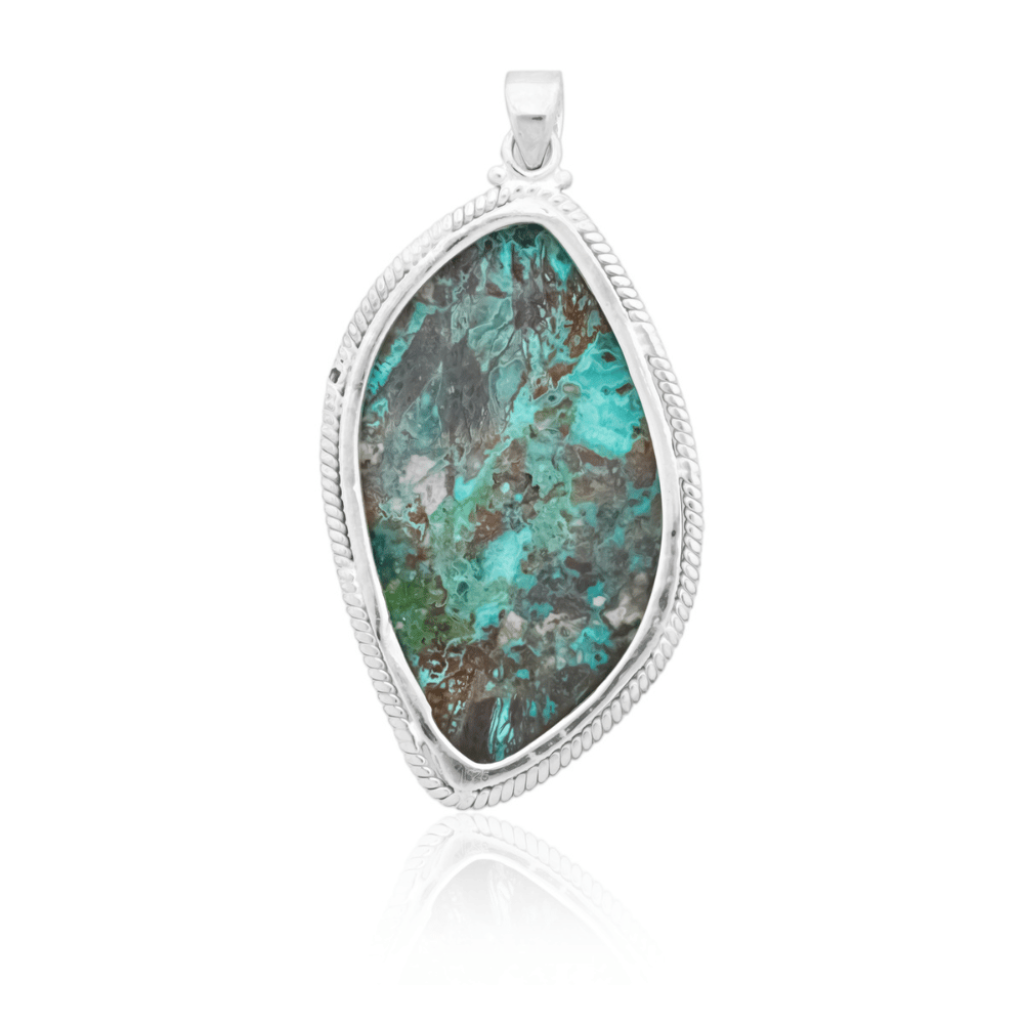Natural Chrysocolla Crystal Fancy Shaped Gemstone Sterling Silver Pendant Jewelry