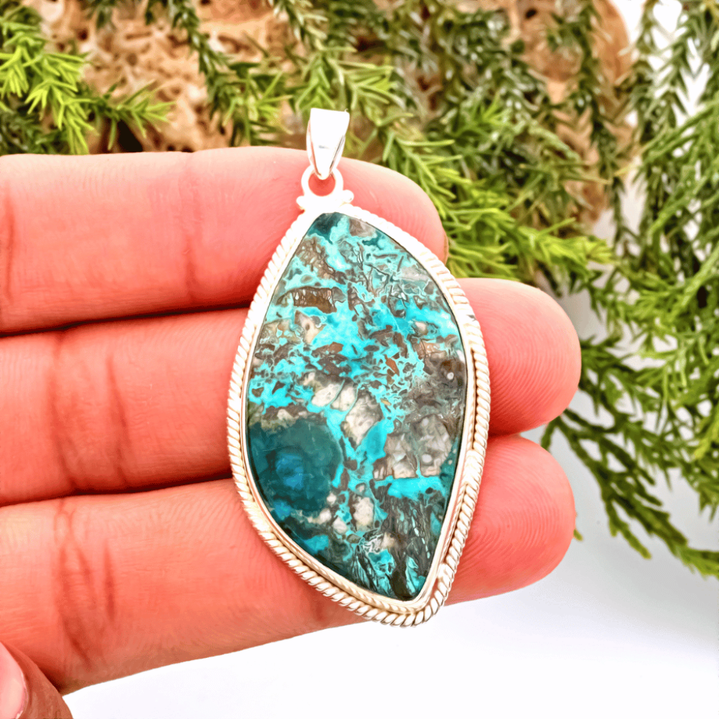 Natural Chrysocolla Crystal Fancy Shaped Gemstone Sterling Silver Pendant Jewelry