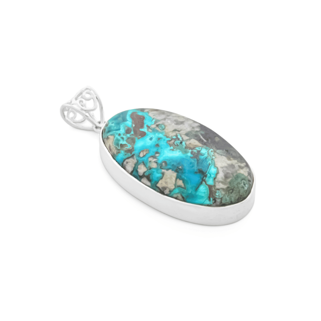 Natural Chrysocolla Crystal Oval Gemstone Sterling Silver Pendant
