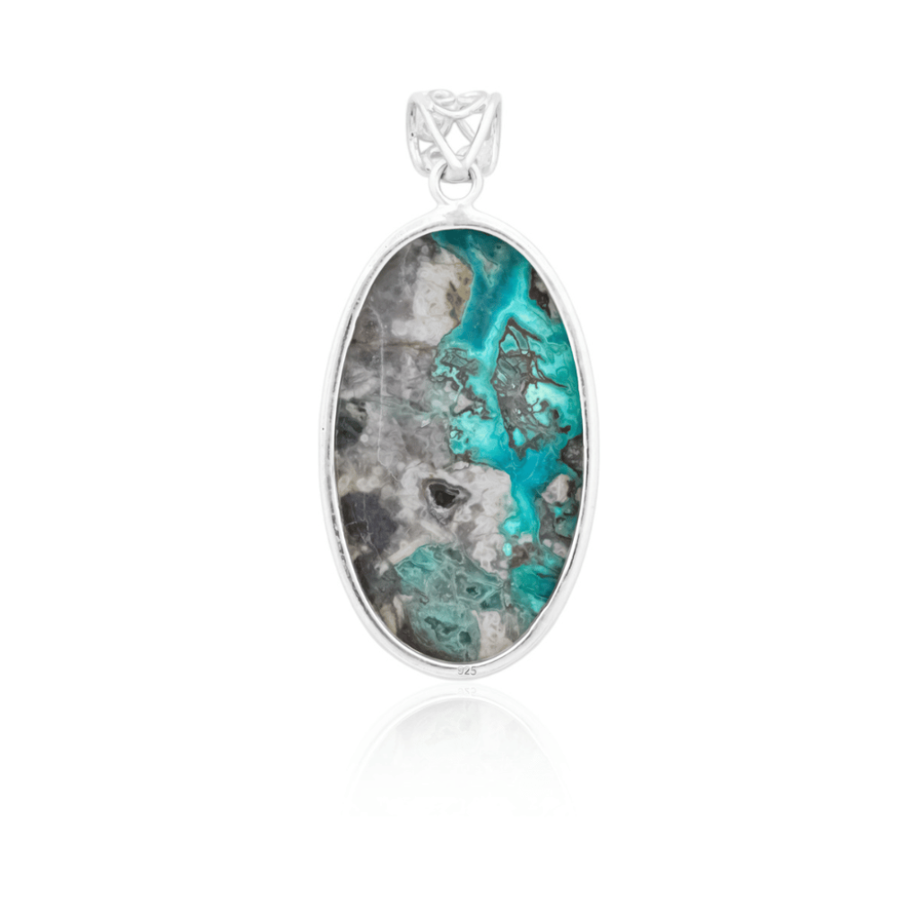 Natural Chrysocolla Crystal Oval Gemstone Sterling Silver Pendant