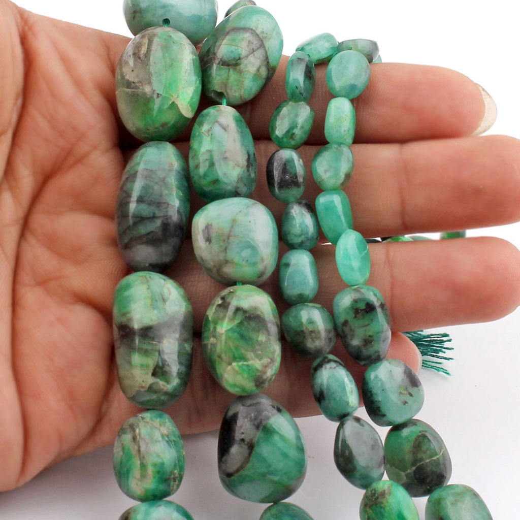 Natural Emerald Smooth Tumble Shape Gemstone 2 Strands Beads