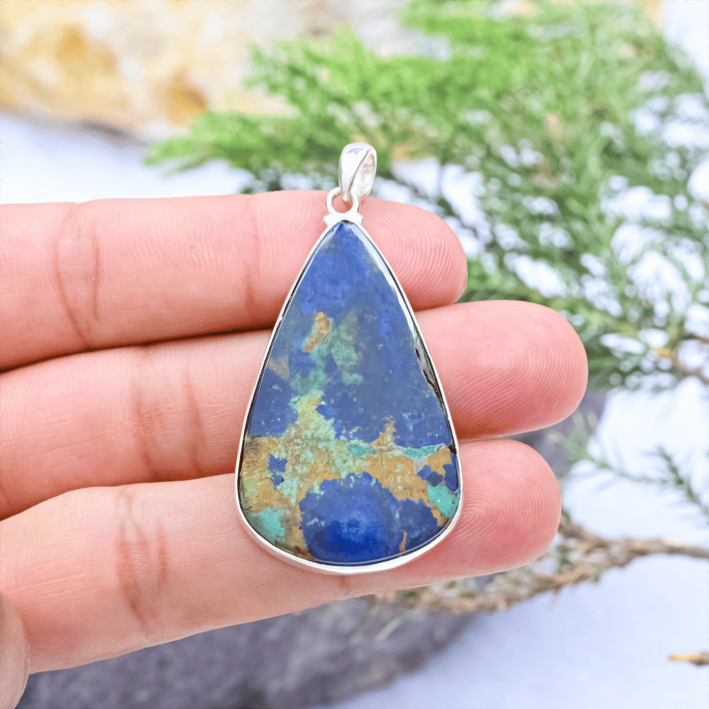 Natural Azurite Malachite Pear Gemstone Sterling Silver Pendant
