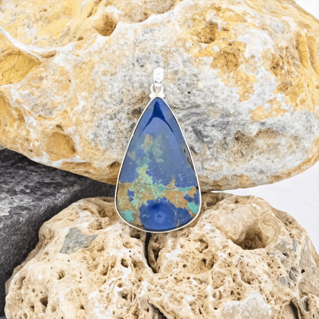 Natural Azurite Malachite Pear Gemstone Sterling Silver Pendant