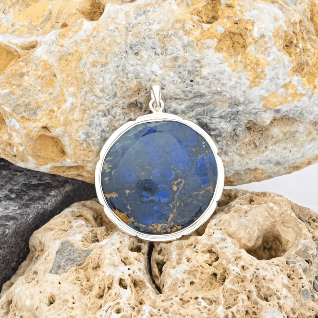 Rare Natural Azurite Malachite Round Gemstone Sterling Silver Pendant