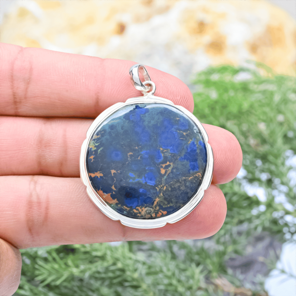 Rare Natural Azurite Malachite Round Gemstone Sterling Silver Pendant
