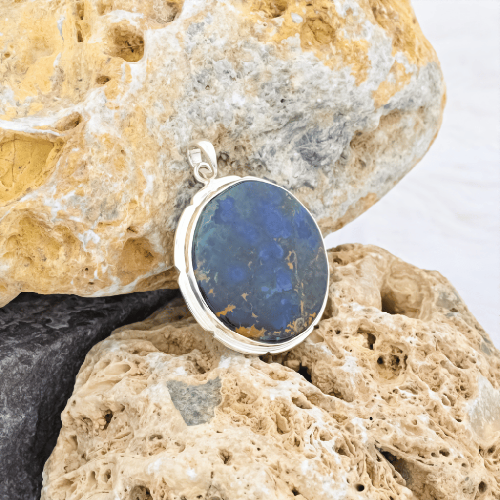 Rare Natural Azurite Malachite Round Gemstone Sterling Silver Pendant