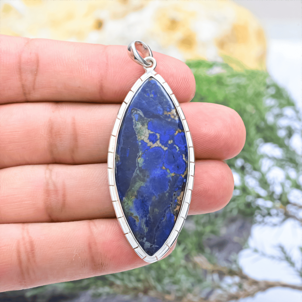 Natural Azurite Malachite Marquise Gemstone Sterling Silver Pendant