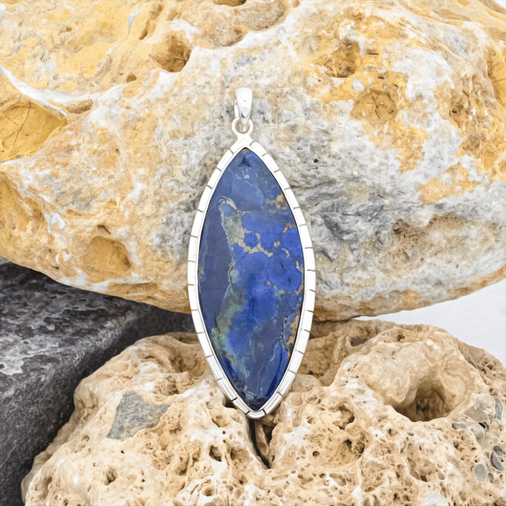 Natural Azurite Malachite Marquise Gemstone Sterling Silver Pendant