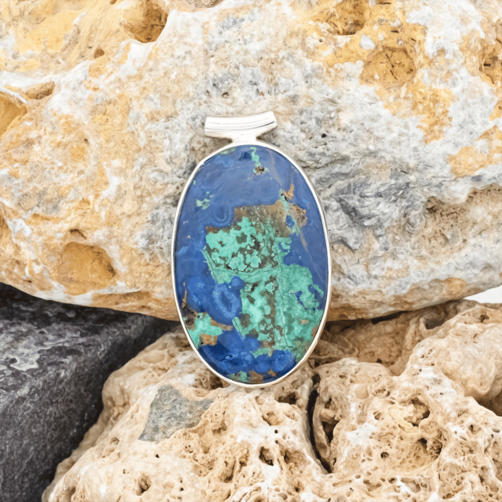 Natural Azurite Malachite Oval Gemstone Sterling Silver Pendant