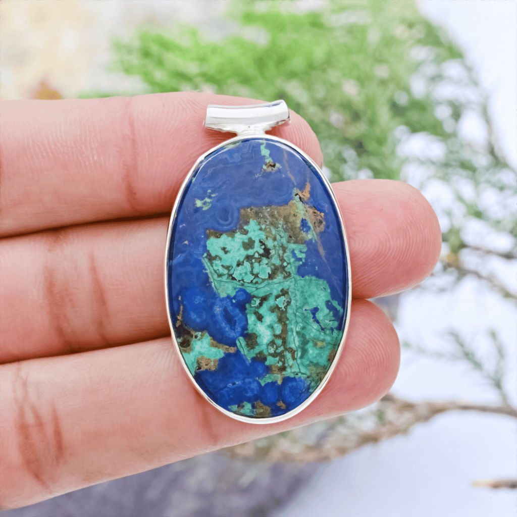Natural Azurite Malachite Oval Gemstone Sterling Silver Pendant