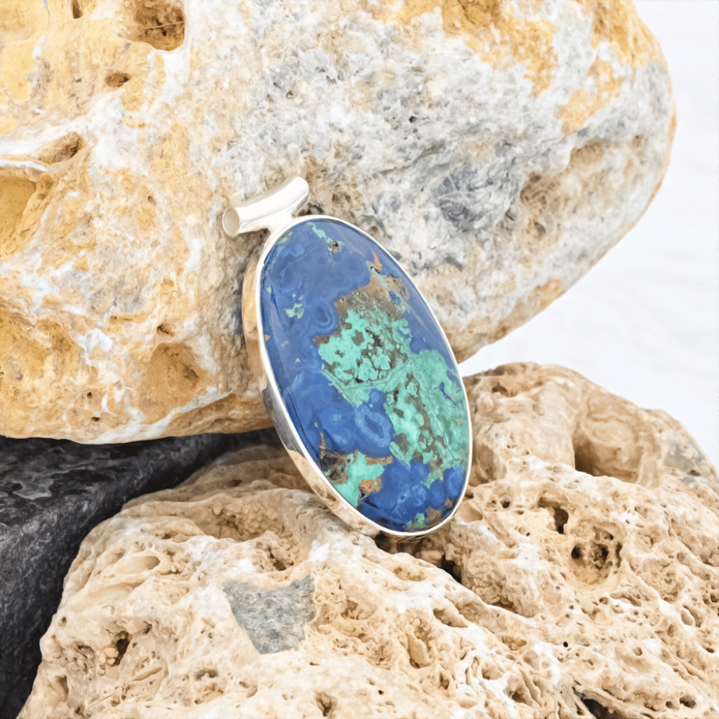Natural Azurite Malachite Oval Gemstone Sterling Silver Pendant
