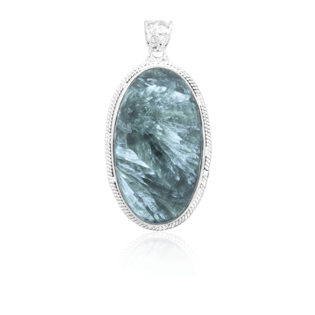Green Seraphinite Oval Cabochon Sterling Silver Women Pendant