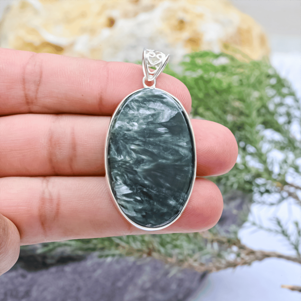 Green Seraphinite Oval Cabochon Sterling Silver Women Pendant