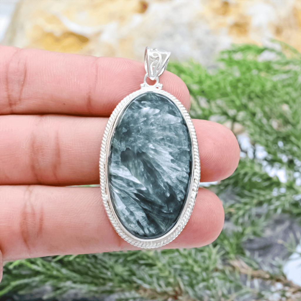 Natural Green Seraphinite Cabochon Sterling Silver Women Pendant