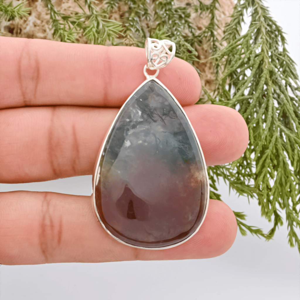 Natural Moss Agate Cabochon Sterling Silver Pendant Jewelry