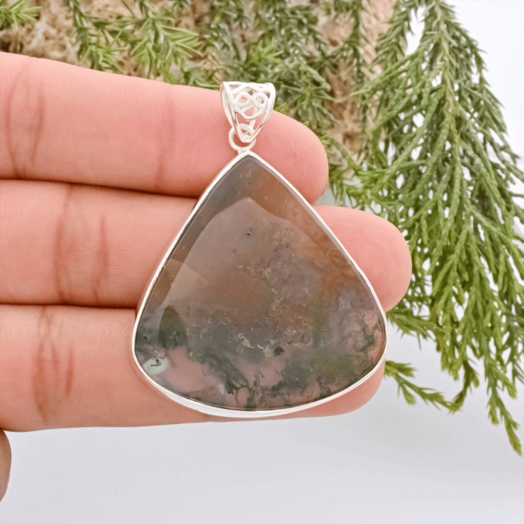 Natural Moss Agate Gemstone Sterling Silver Pendant