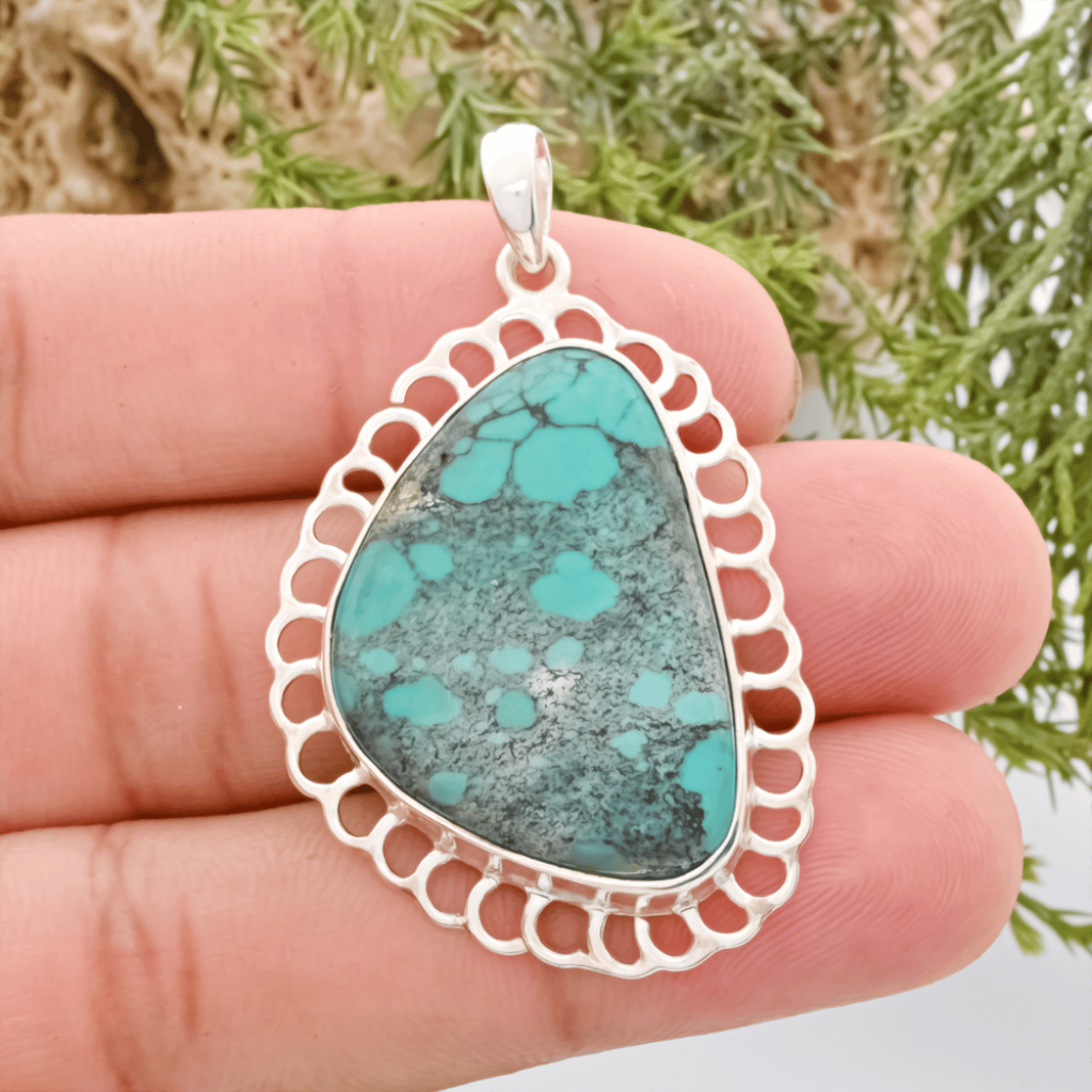 Blue Turquoise Gemstone Sterling Silver Pendant Necklace