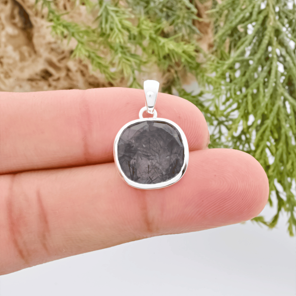 Natural Black Rutile Quartz April Birthstone Sterling Silver Pendant