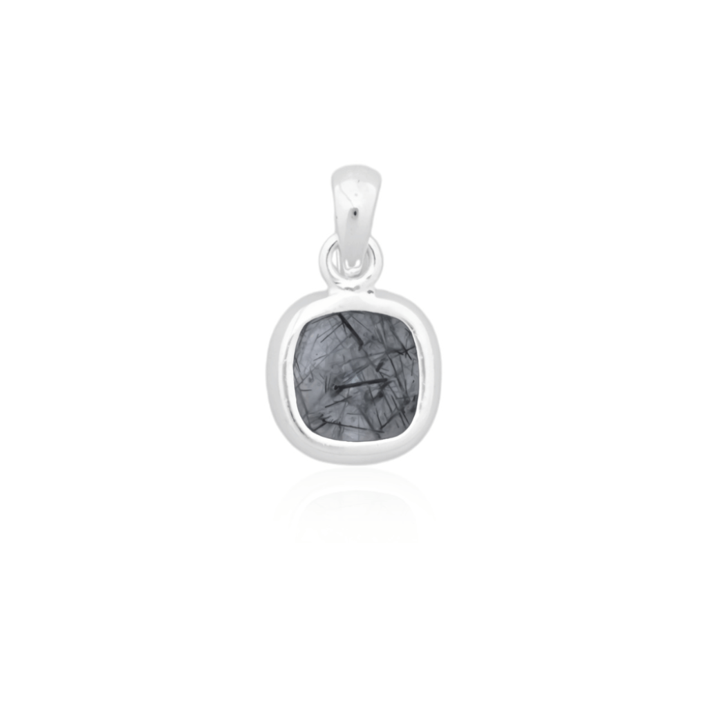 Natural Black Rutile Quartz April Birthstone Sterling Silver Pendant