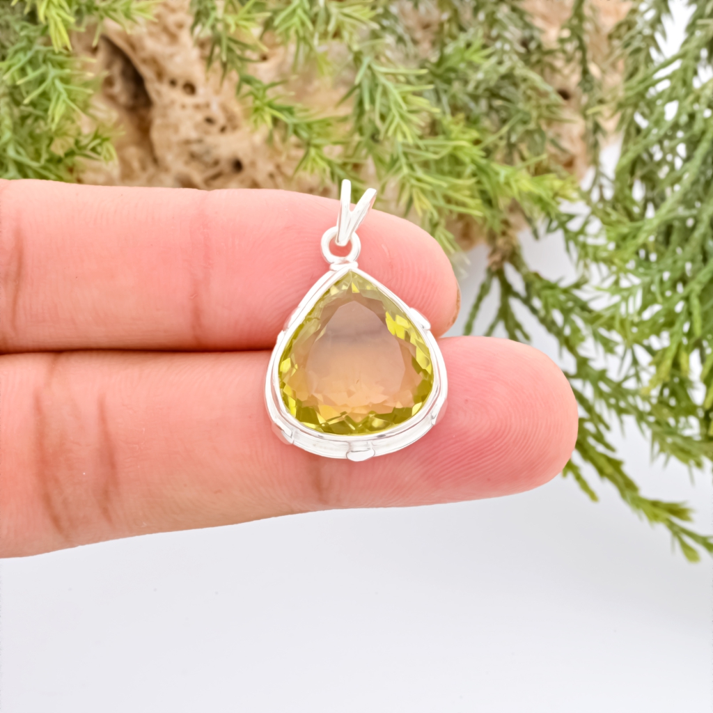 Natural Lemon Quartz February Birthstone Sterling Silver Pendant