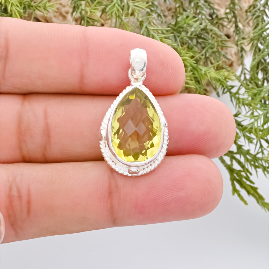 Natural Lemon Quartz February Birthstone Sterling Silver Pendant