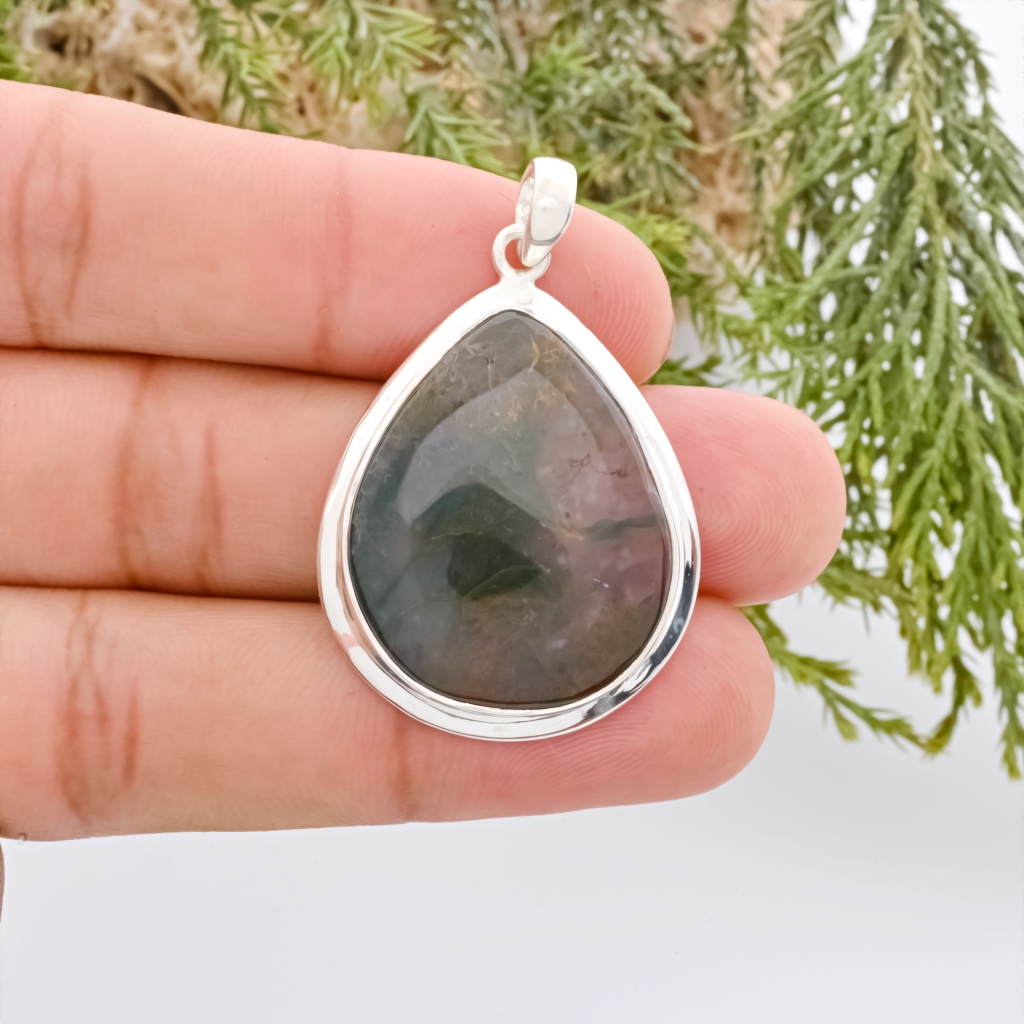 Natural Moss Agate Gemstone Sterling Silver Pendant Necklace