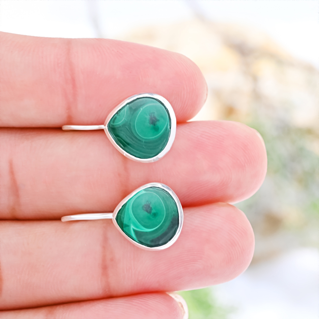 Natural Green Malachite Gemstone Dangle Sterling Silver Women Earrings