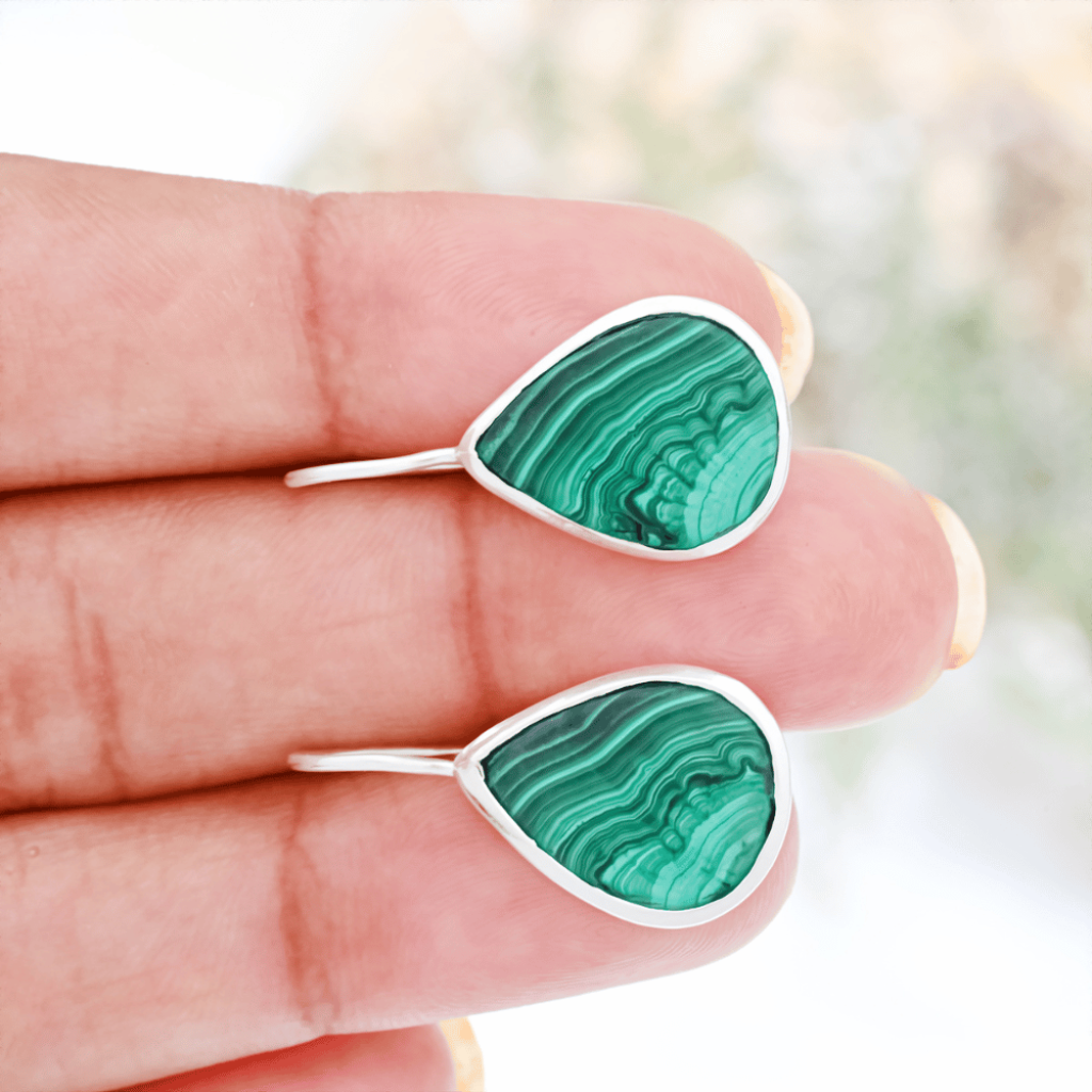Natural Green Malachite Gemstone Dangle Sterling Silver Women Earrings