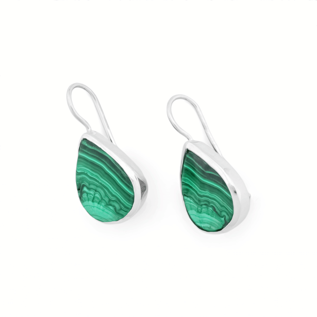 Natural Green Malachite Gemstone Dangle Sterling Silver Women Earrings