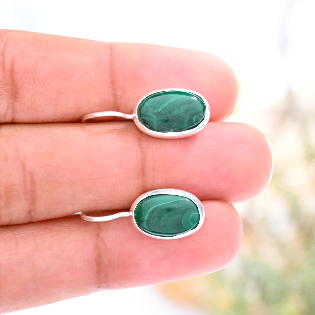 Natural Green Malachite Gemstone Dangle Sterling Silver Women Earrings