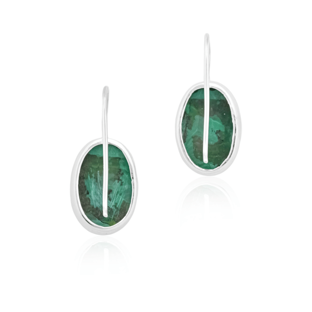Natural Green Malachite Gemstone Dangle Sterling Silver Women Earrings