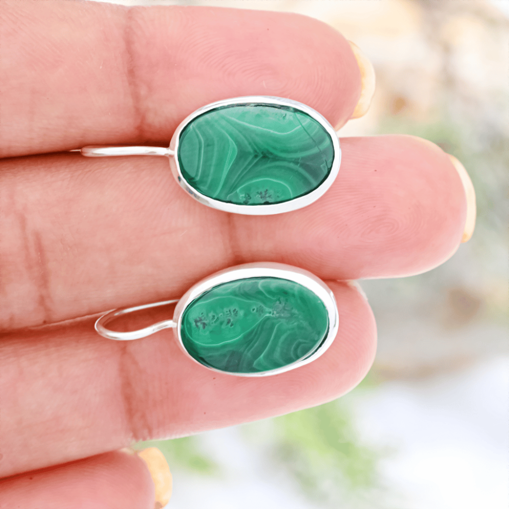 Natural Green Malachite Gemstone Dangle Sterling Silver Women Earrings