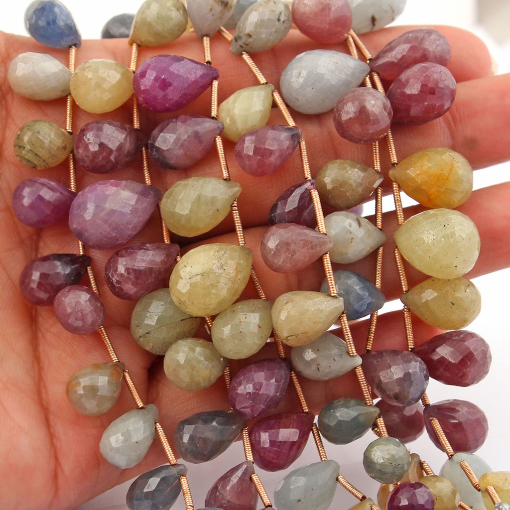 Multi Sapphire Handmade Drops Gemstone Beads 7 Strands 9 Inches