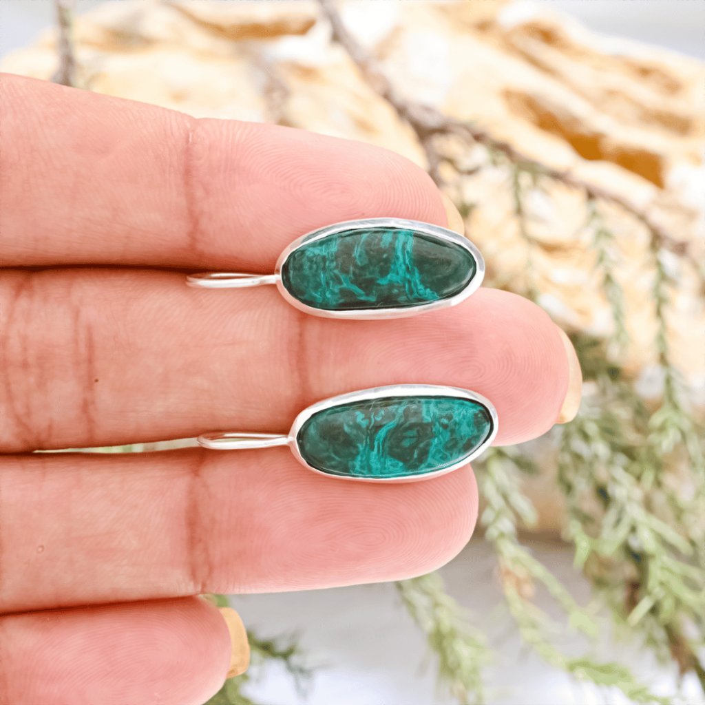 Natural Chrysocolla Gemstone Dangle Sterling Silver Women Earrings