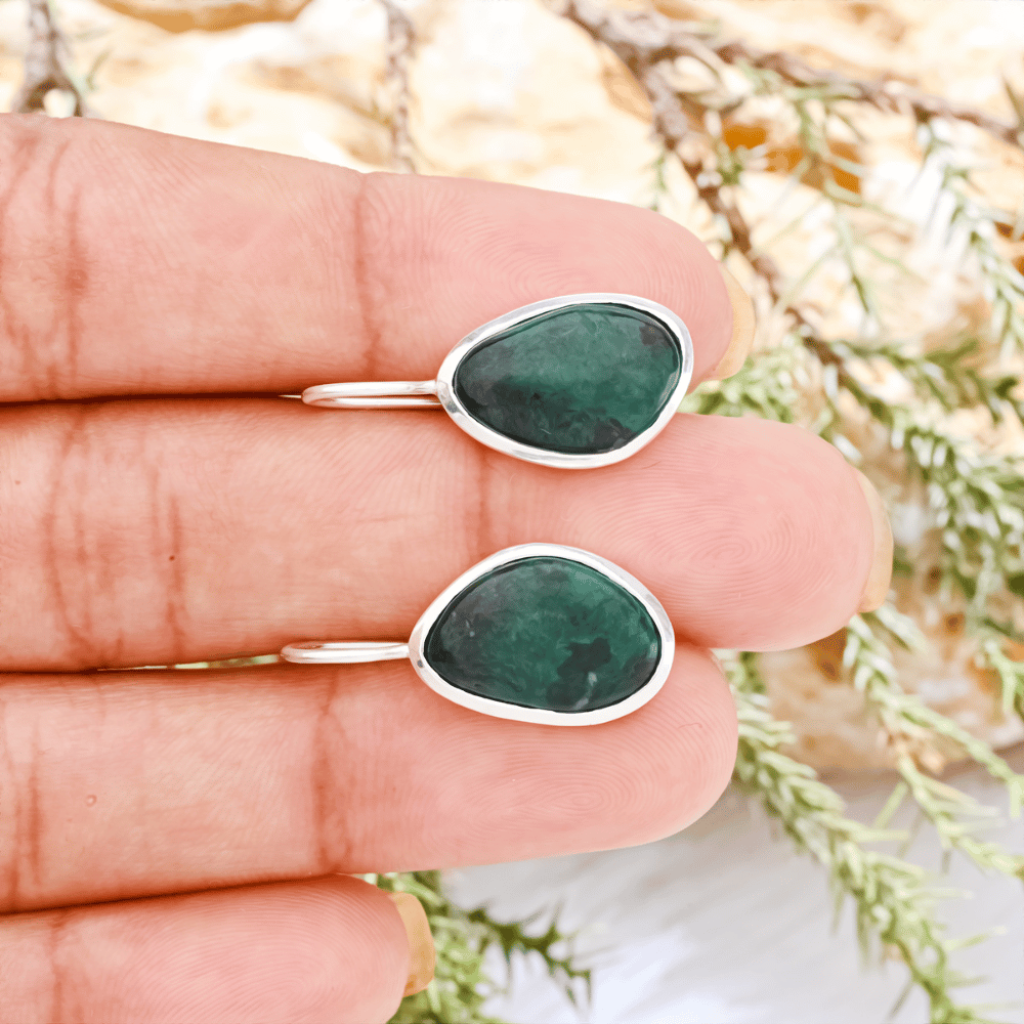Natural Chrysocolla Gemstone Dangle Sterling Silver Women Earrings